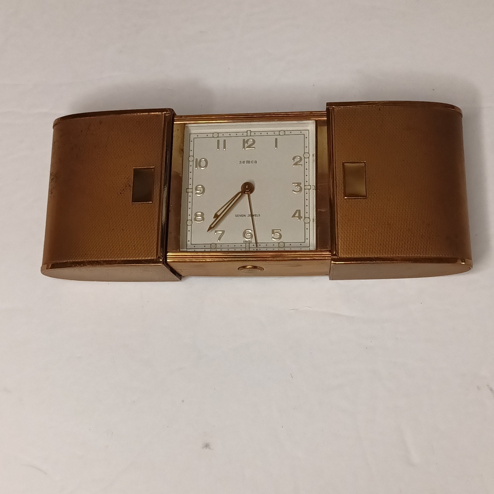 Antique Old Swiss Made Semca Seven Jewel Travel Alarm Clock with Metal Case